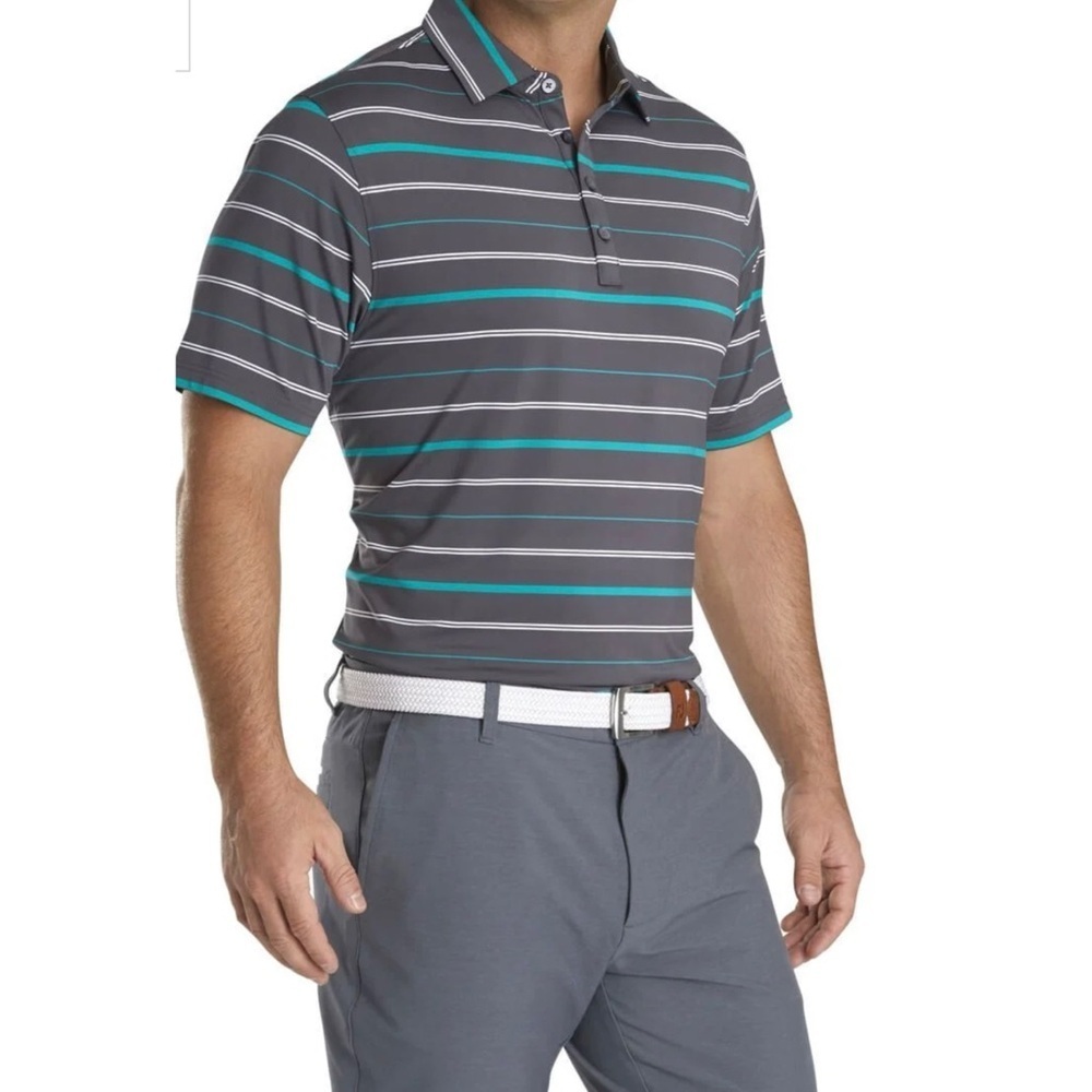 FOOTJOY Lisle Open Stripe‎ Self Collar Golf Polo Gray/White/Emerald Sz. Medium